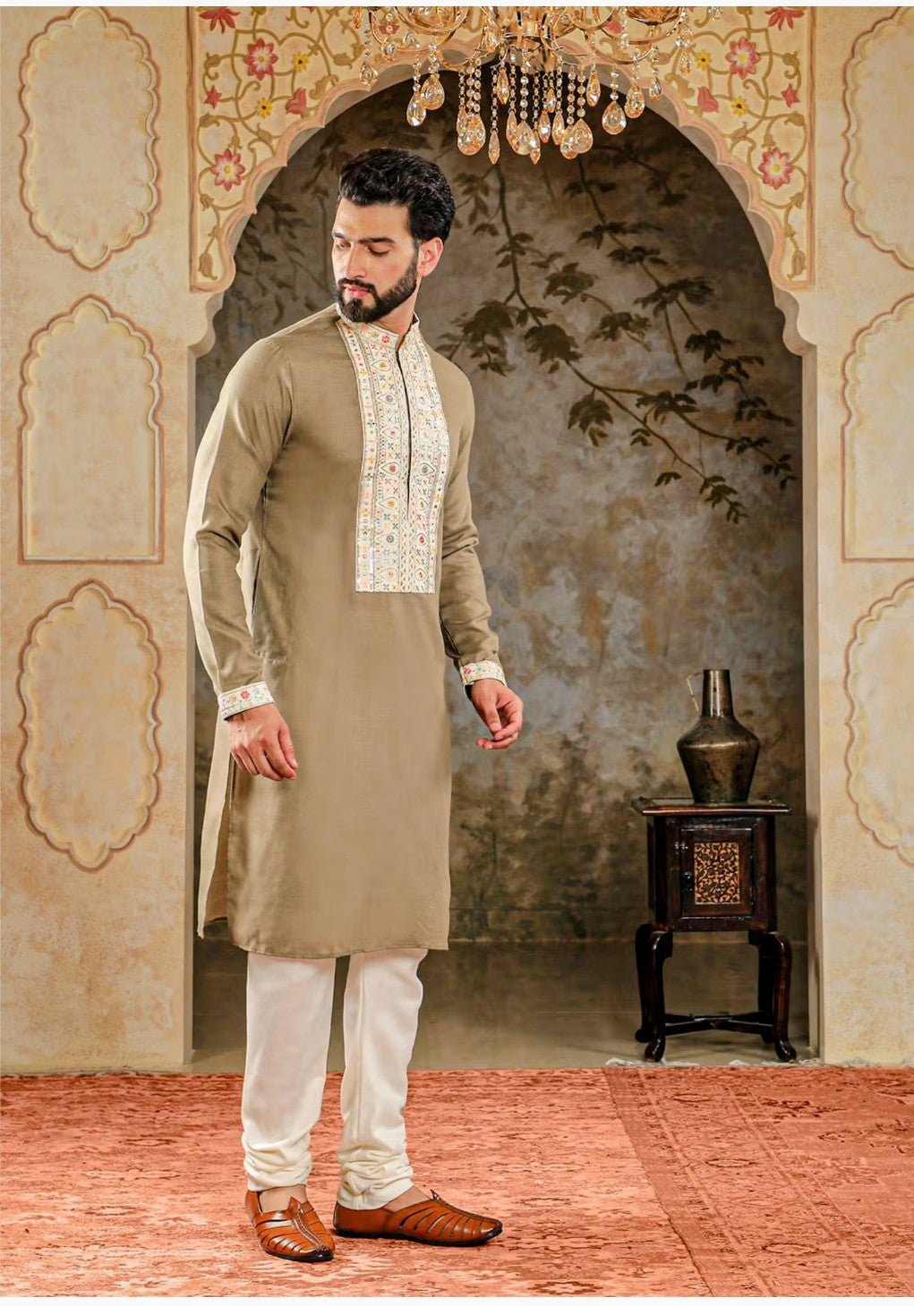 Brown Embroidered Kurta Pajama Set